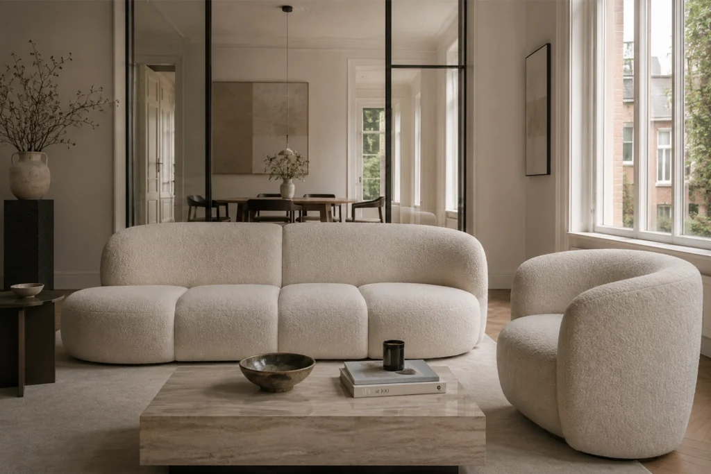 Professioneel gereinigde designbank in een luxe woonkamer door The Stain Company