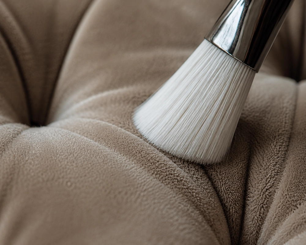 Gedetailleerde weergave van een zachte meubelborstel die gebruikt wordt voor de veilige, materiaal-specifieke reiniging van een velours bank.