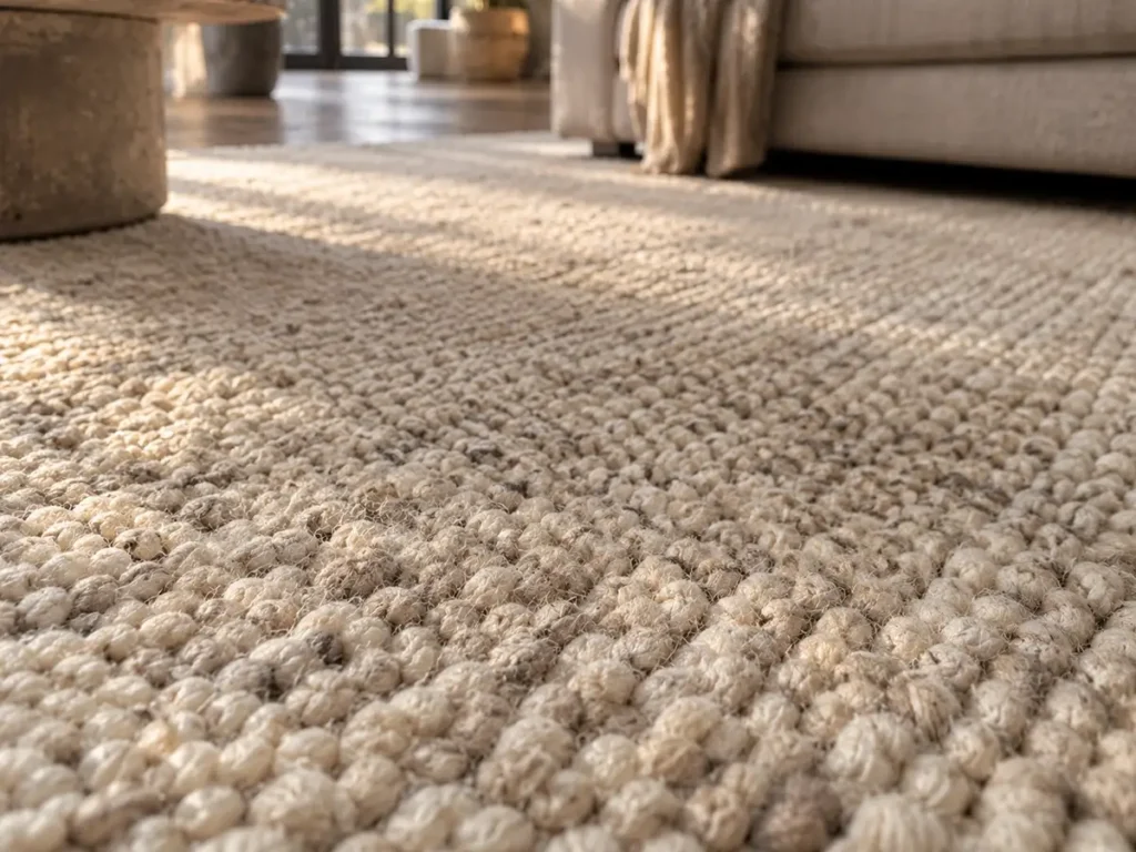 Tapijt reinigen 2 Detailopname van de structuur van een vloerkleed waar dagelijks inloopvuil en stof diep in de vezels trekken, een veelvoorkomend probleem bij jonge gezinnen en huishoudens met huisdieren.