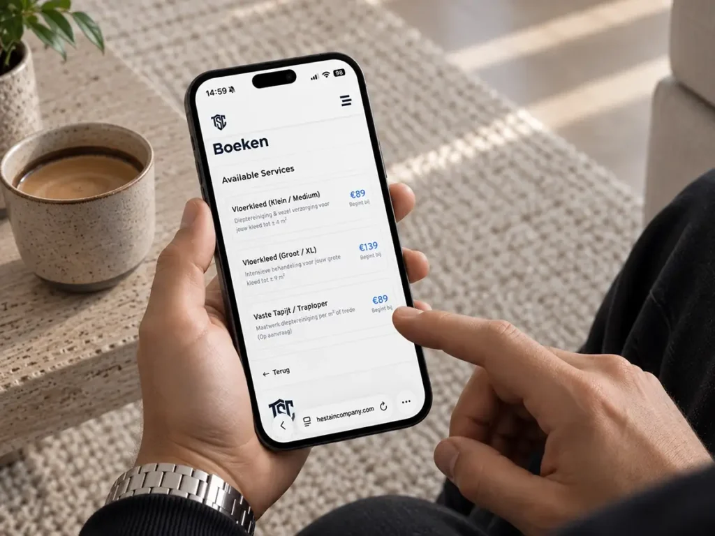 Tapijt reinigen 4 Iemand boekt via een smartphone direct online een afspraak voor tapijtreiniging, waarbij de vaste, transparante prijzen duidelijk in beeld staan.