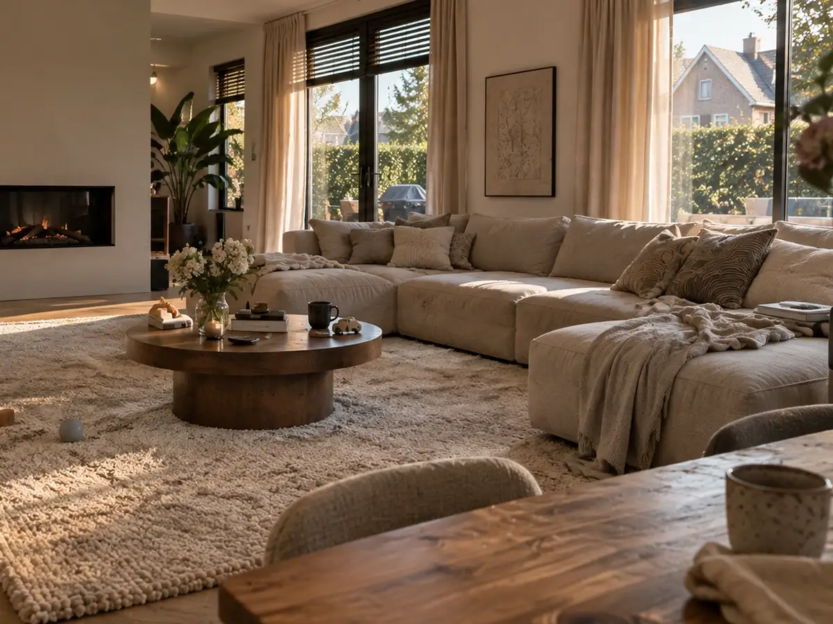 Tapijt reinigen 1 Een sfeervolle, schone woonkamer met een zacht en professioneel gereinigd vloerkleed, ideaal voor jonge gezinnen en huishoudens met huisdieren.