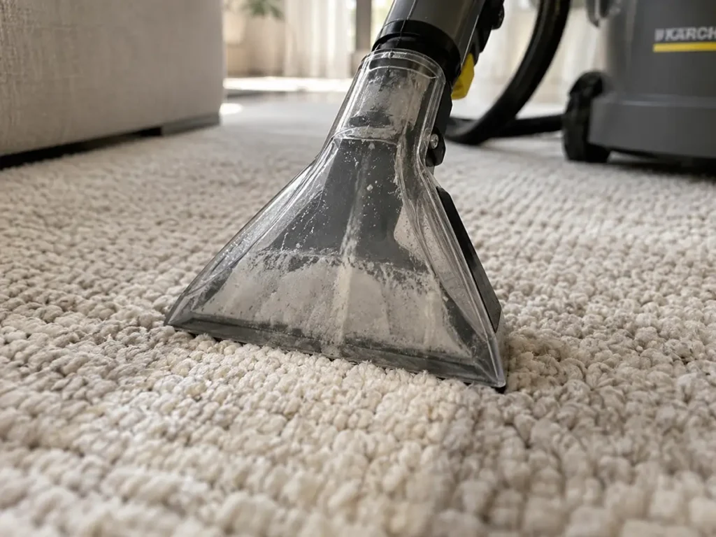 Tapijt reinigen 5 Een professionele machine voert een veilige dieptereiniging uit op een vloerkleed, waarbij hardnekkig inloopvuil en vlekken door kinderen of huisdieren krachtig uit de vezels worden gezogen.